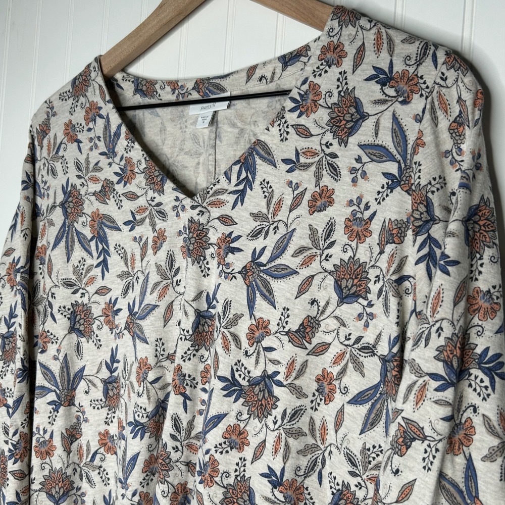 J. Jill Pure Jill Womens Top M Blue Orange Floral V Neck Modal Knit Shirt